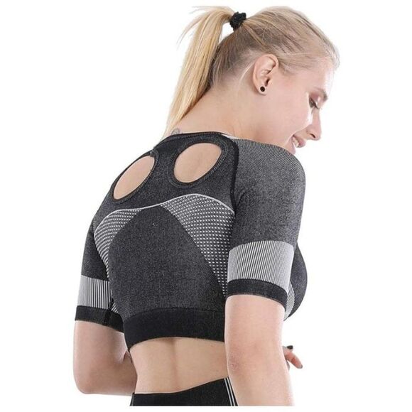 Workout Crop Top for Women, Seamless Tank Top Black/Grey Size Small - Picture 4 of 5